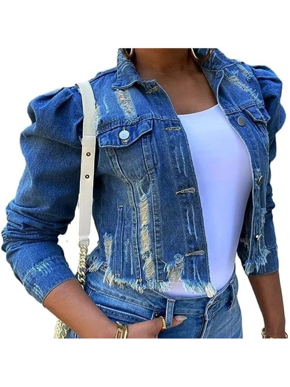 Amebelle Jean Jacket Long Puff Sleeve Distressed Crop Denim Jackets Size XXL NWT